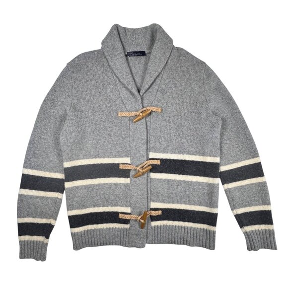 Gap Lambswool Blend CardiganSz.L Gray Striped Shawl Collar Toggle Fisherman - Picture 1 of 10